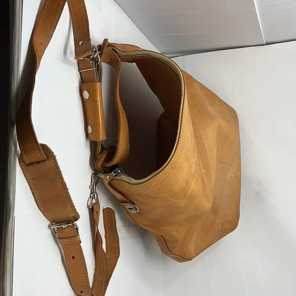 Large Tall Belting Leather Zip Tongue Groove Closure Hand Crossbody Bucket Bag